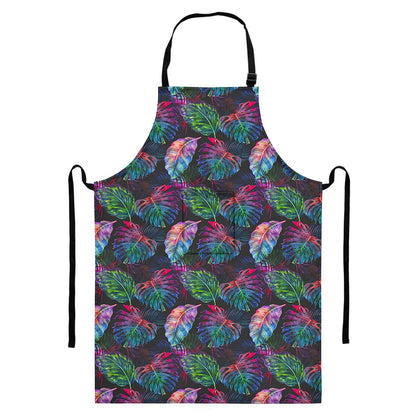 Colorful Tropical Leaves Pattern Print Bib Apron With Pocket
