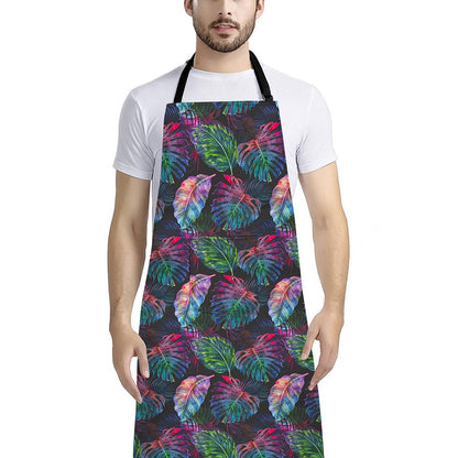 Colorful Tropical Leaves Pattern Print Bib Apron With Pocket