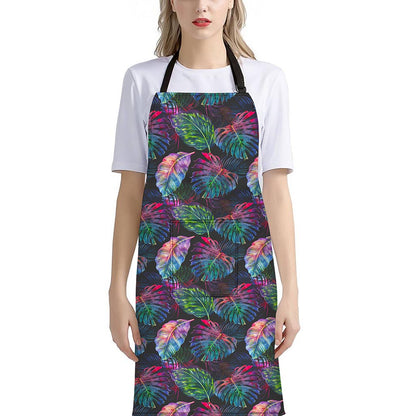 Colorful Tropical Leaves Pattern Print Bib Apron With Pocket