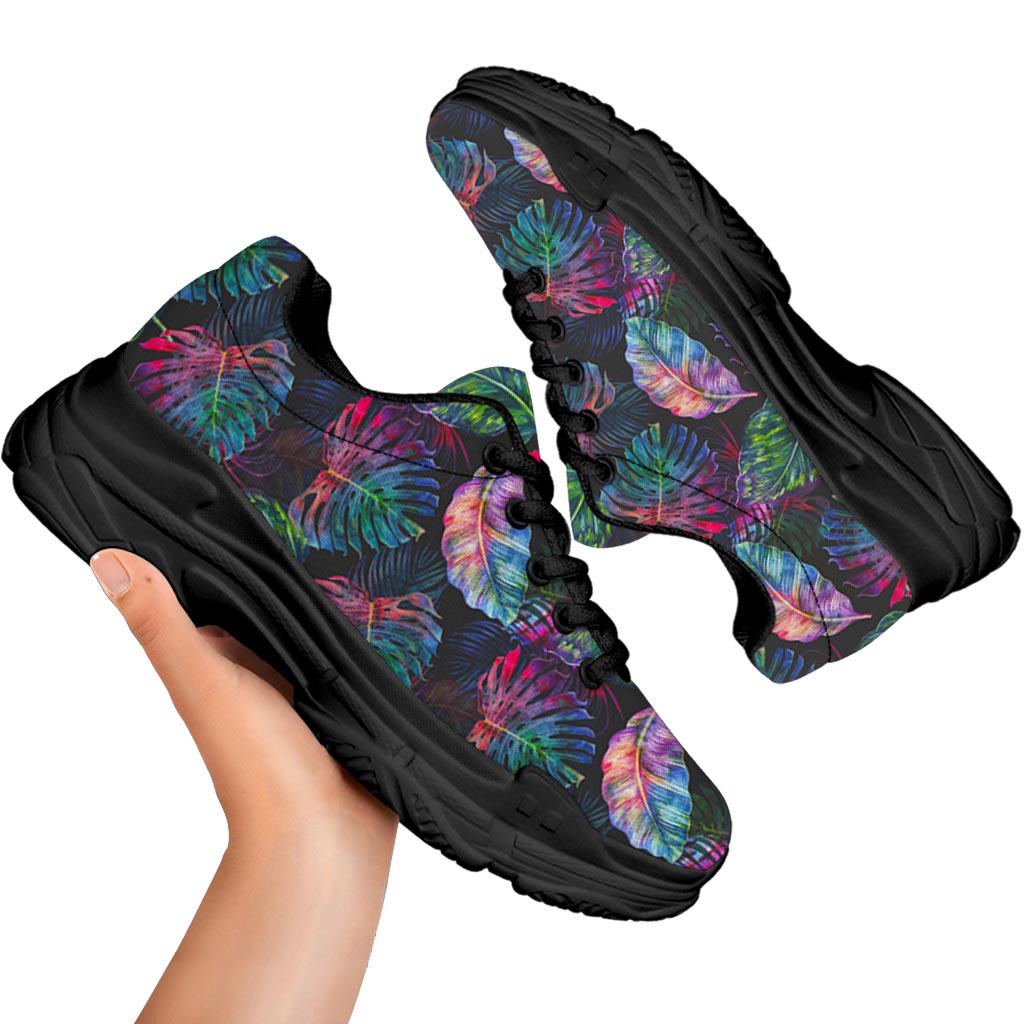 Colorful Tropical Leaves Pattern Print Black Chunky Shoes