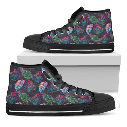 Colorful Tropical Leaves Pattern Print Black High Top Sneakers
