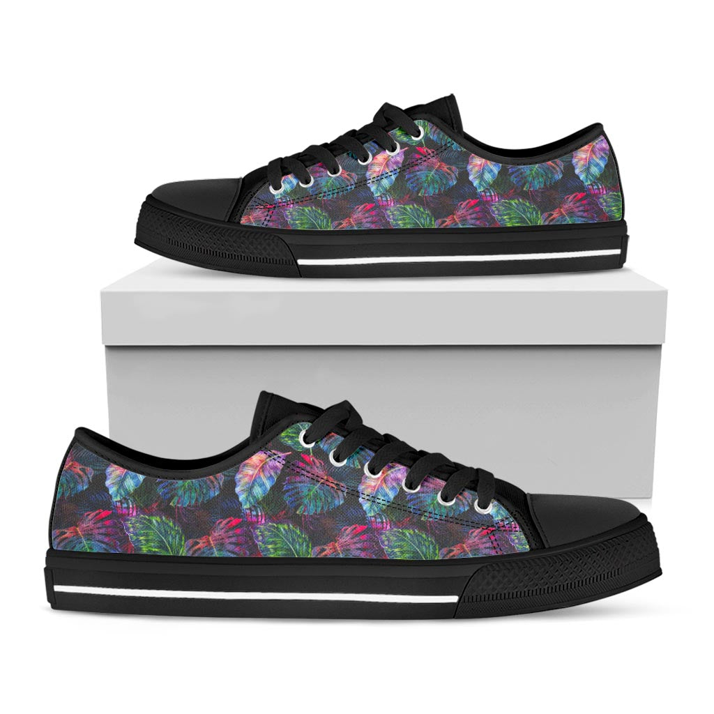 Colorful Tropical Leaves Pattern Print Black Low Top Sneakers