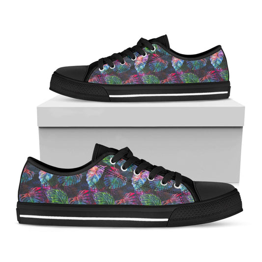 Colorful Tropical Leaves Pattern Print Black Low Top Sneakers