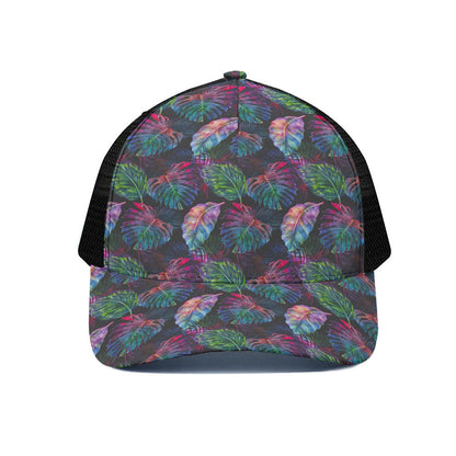 Colorful Tropical Leaves Pattern Print Black Mesh Trucker Cap