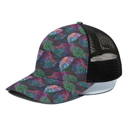 Colorful Tropical Leaves Pattern Print Black Mesh Trucker Cap