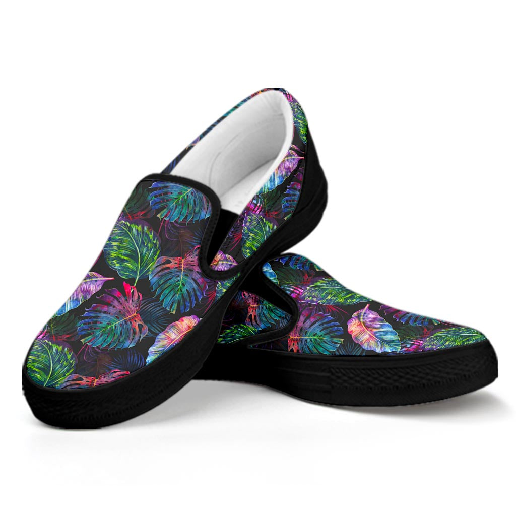 Colorful Tropical Leaves Pattern Print Black Slip On Sneakers