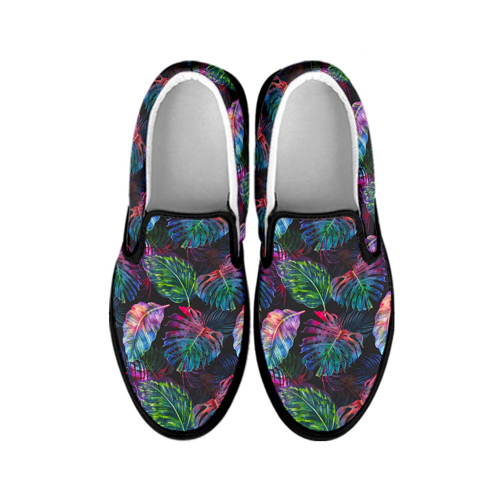 Colorful Tropical Leaves Pattern Print Black Slip On Sneakers
