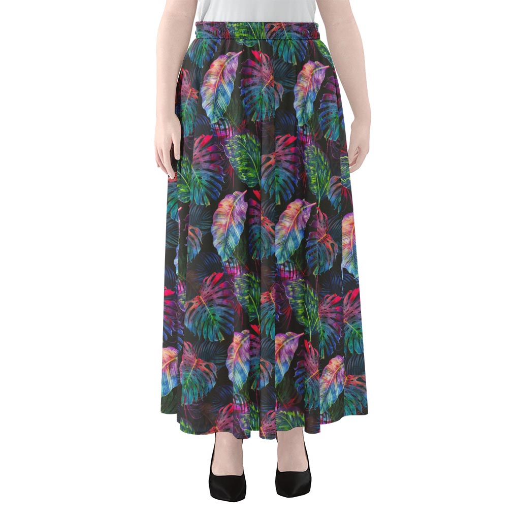 Colorful Tropical Leaves Pattern Print Chiffon Maxi Skirt