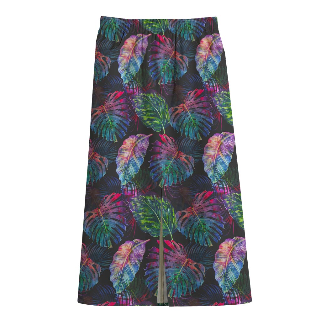 Colorful Tropical Leaves Pattern Print Cotton Front Slit Maxi Skirt