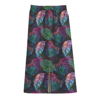 Colorful Tropical Leaves Pattern Print Cotton Front Slit Maxi Skirt