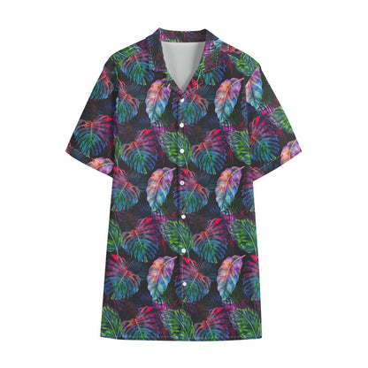 Colorful Tropical Leaves Pattern Print Cotton Hawaiian Shirt