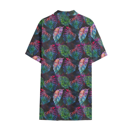 Colorful Tropical Leaves Pattern Print Cotton Hawaiian Shirt