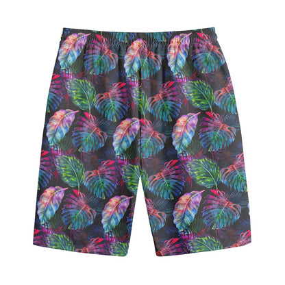 Colorful Tropical Leaves Pattern Print Cotton Shorts
