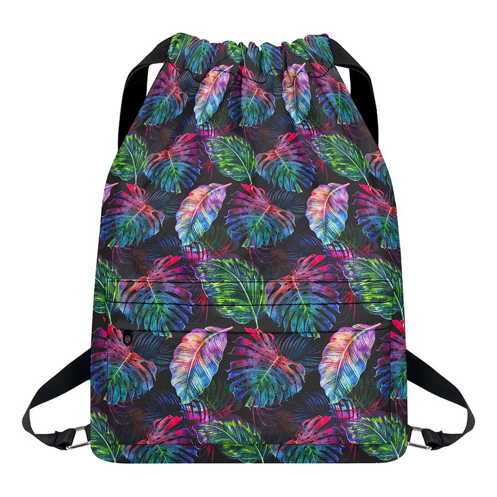 Colorful Tropical Leaves Pattern Print Drawstring Backpack