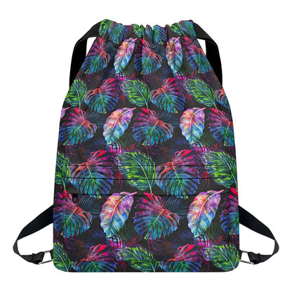 Colorful Tropical Leaves Pattern Print Drawstring Backpack