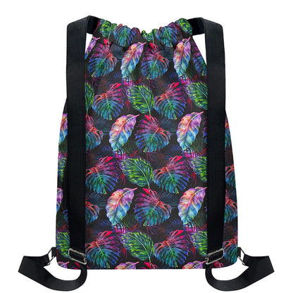 Colorful Tropical Leaves Pattern Print Drawstring Backpack
