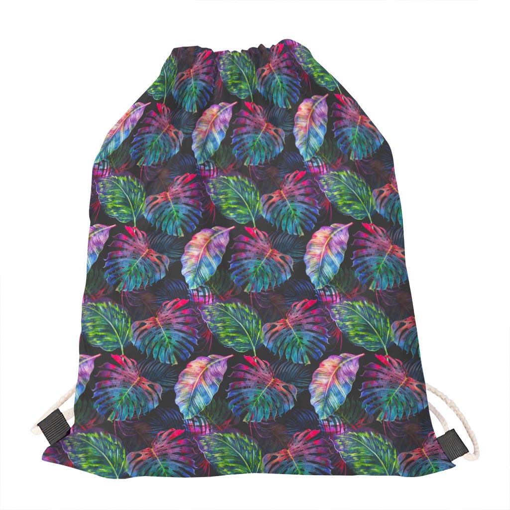 Colorful Tropical Leaves Pattern Print Drawstring Bag