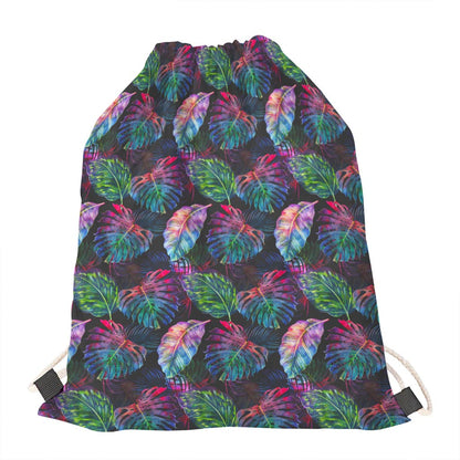 Colorful Tropical Leaves Pattern Print Drawstring Bag