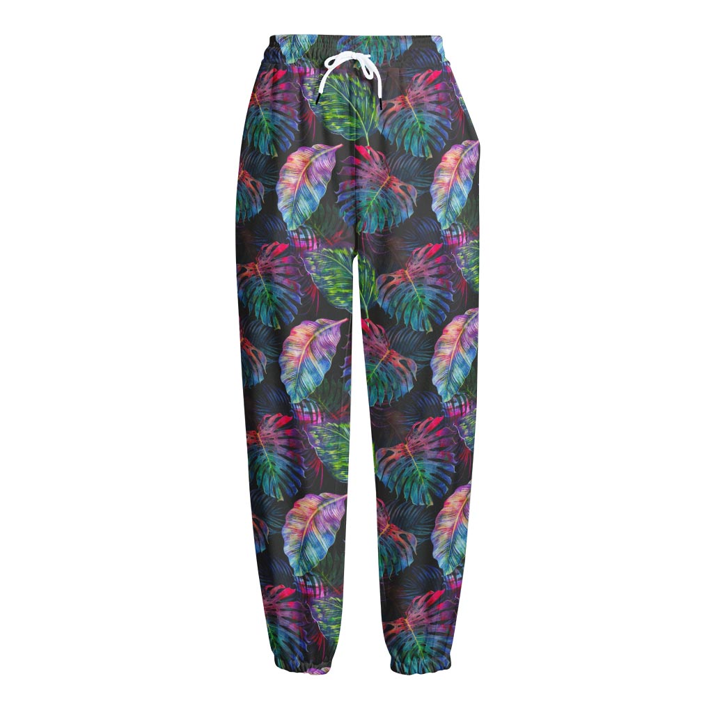 Colorful Tropical Leaves Pattern Print Fleece Lined Knit Pants