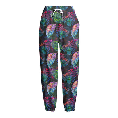 Colorful Tropical Leaves Pattern Print Fleece Lined Knit Pants