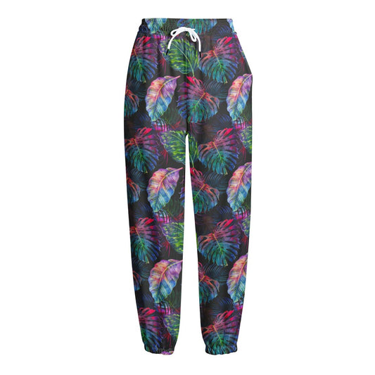 Colorful Tropical Leaves Pattern Print Fleece Lined Knit Pants