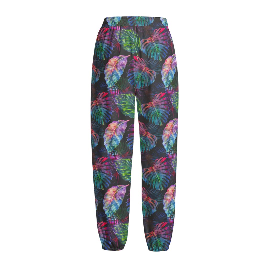 Colorful Tropical Leaves Pattern Print Fleece Lined Knit Pants