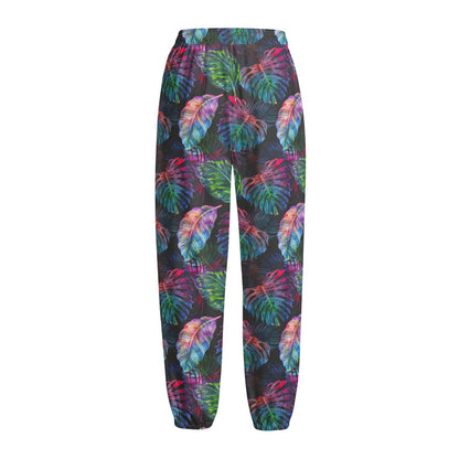 Colorful Tropical Leaves Pattern Print Fleece Lined Knit Pants