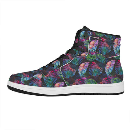 Colorful Tropical Leaves Pattern Print High Top Leather Sneakers