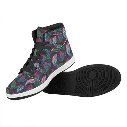 Colorful Tropical Leaves Pattern Print High Top Leather Sneakers
