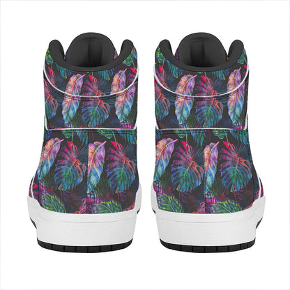 Colorful Tropical Leaves Pattern Print High Top Leather Sneakers