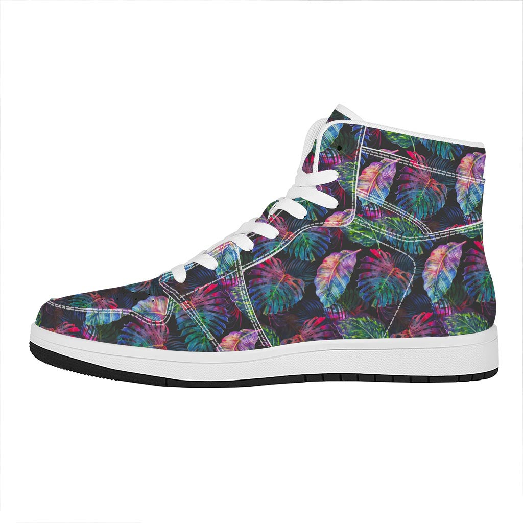 Colorful Tropical Leaves Pattern Print High Top Leather Sneakers