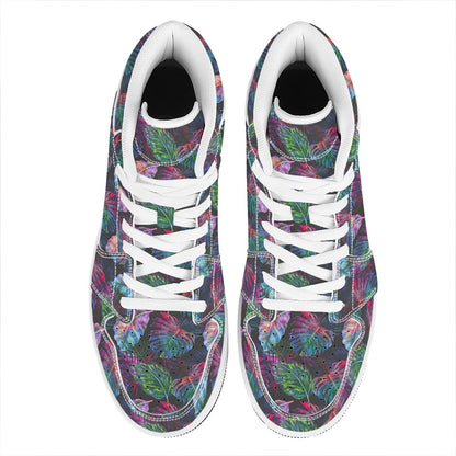 Colorful Tropical Leaves Pattern Print High Top Leather Sneakers