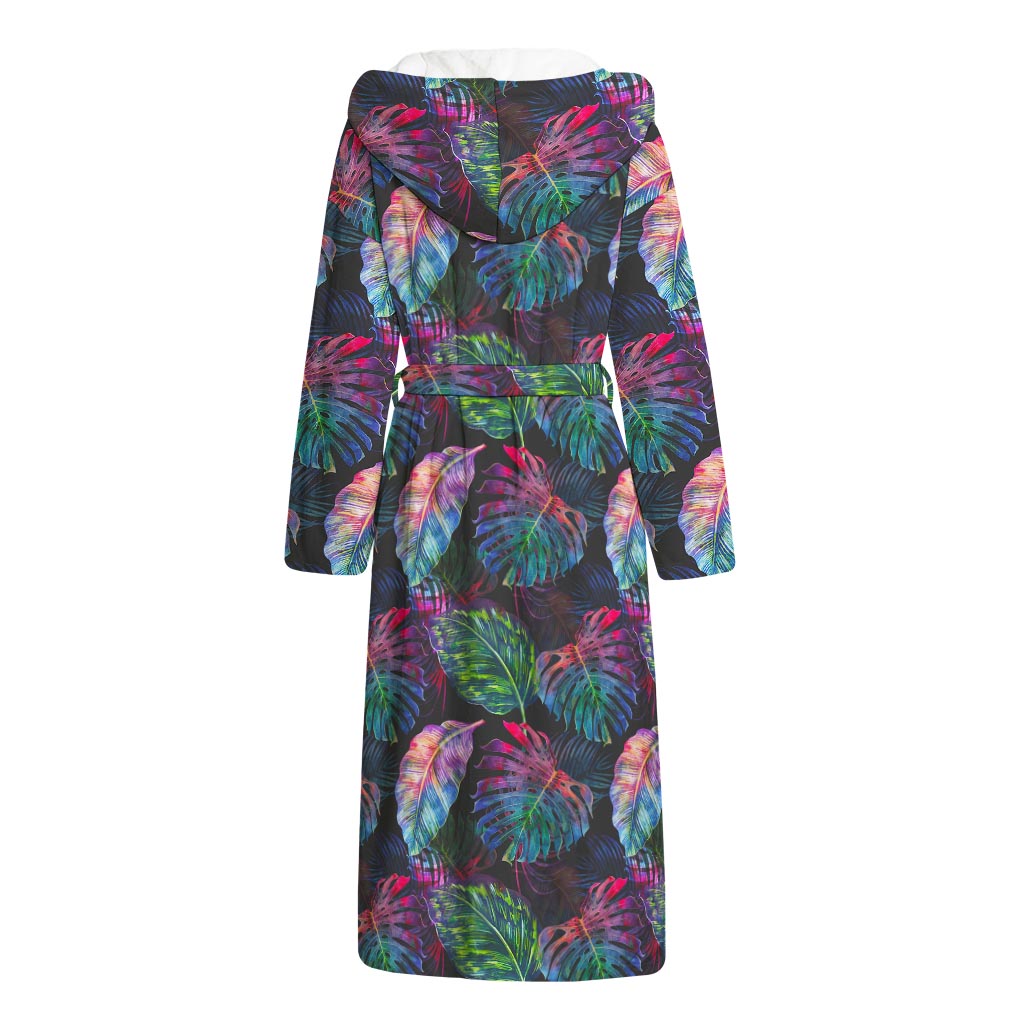Colorful Tropical Leaves Pattern Print Hooded Bathrobe