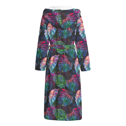 Colorful Tropical Leaves Pattern Print Hooded Bathrobe