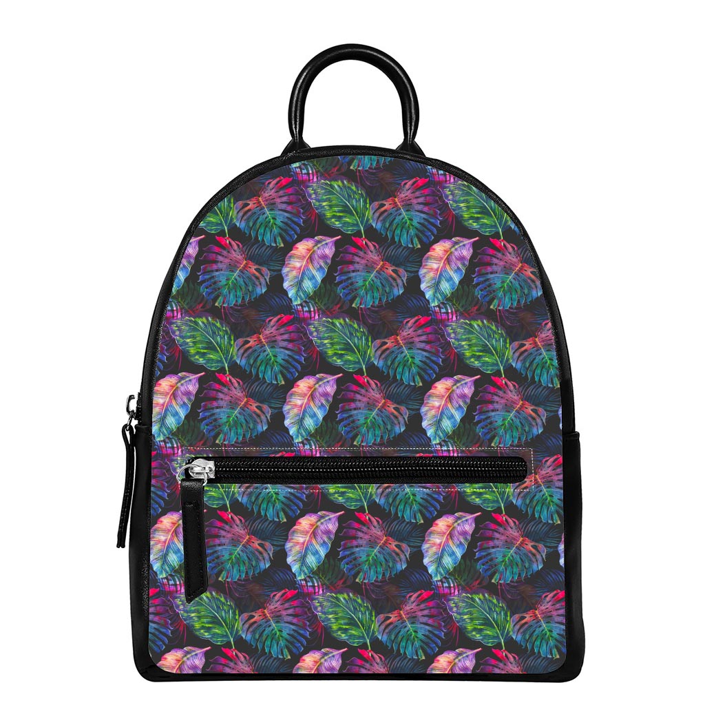 Colorful Tropical Leaves Pattern Print Leather Backpack