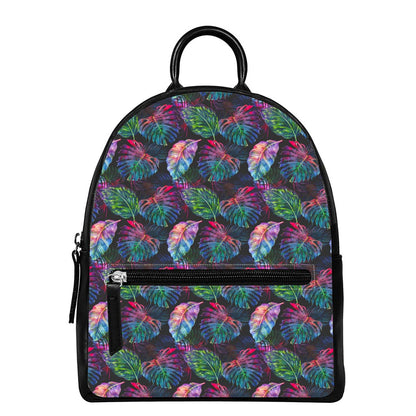 Colorful Tropical Leaves Pattern Print Leather Backpack