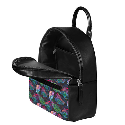 Colorful Tropical Leaves Pattern Print Leather Backpack