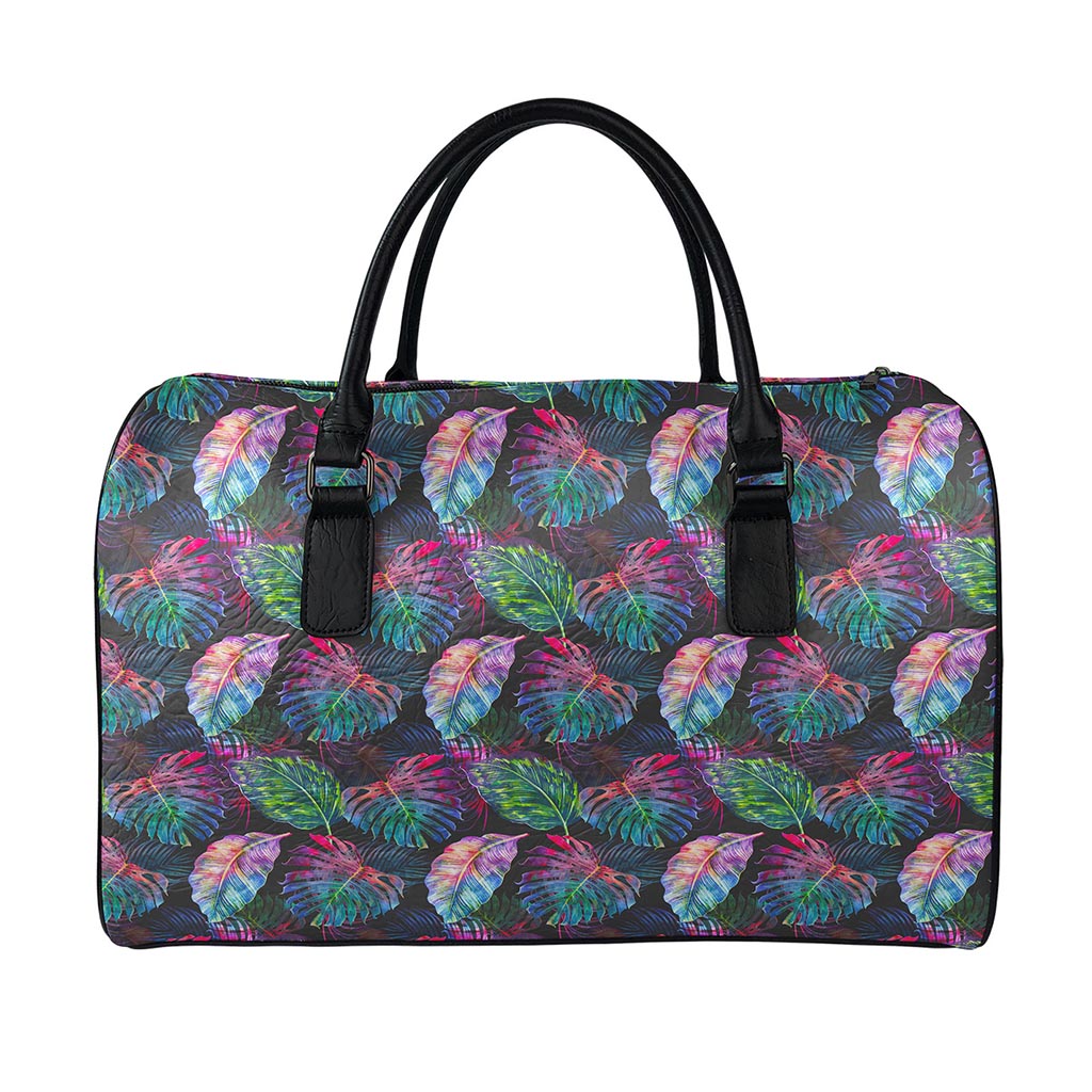 Colorful Tropical Leaves Pattern Print Leather Duffle Bag