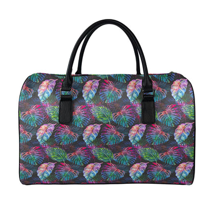 Colorful Tropical Leaves Pattern Print Leather Duffle Bag