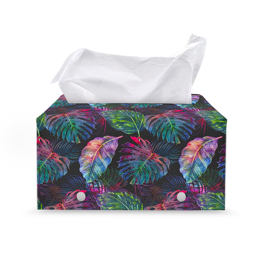 Colorful Tropical Leaves Pattern Print Leather Tissue Box Cover
