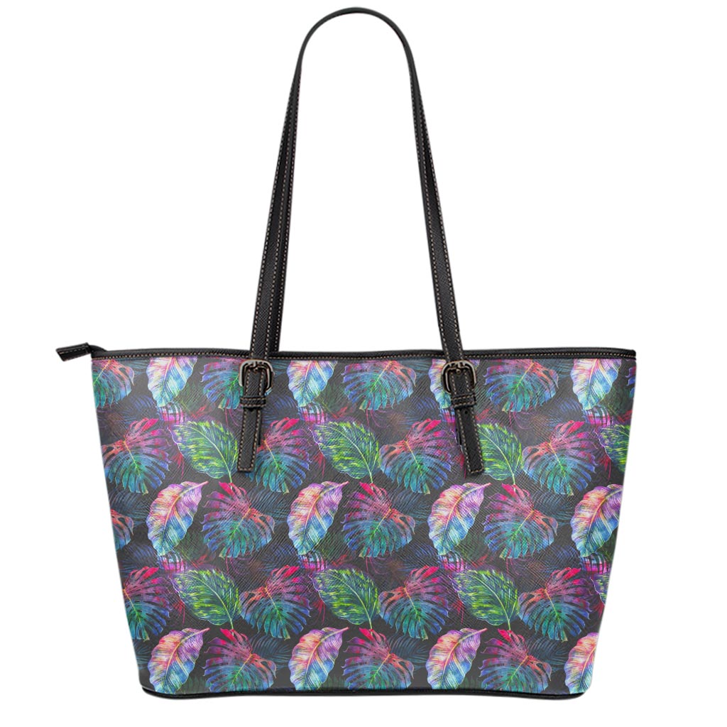 Colorful Tropical Leaves Pattern Print Leather Tote Bag