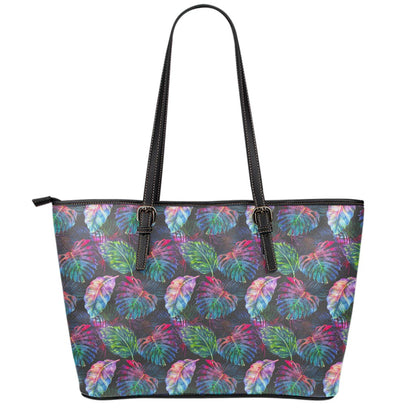 Colorful Tropical Leaves Pattern Print Leather Tote Bag