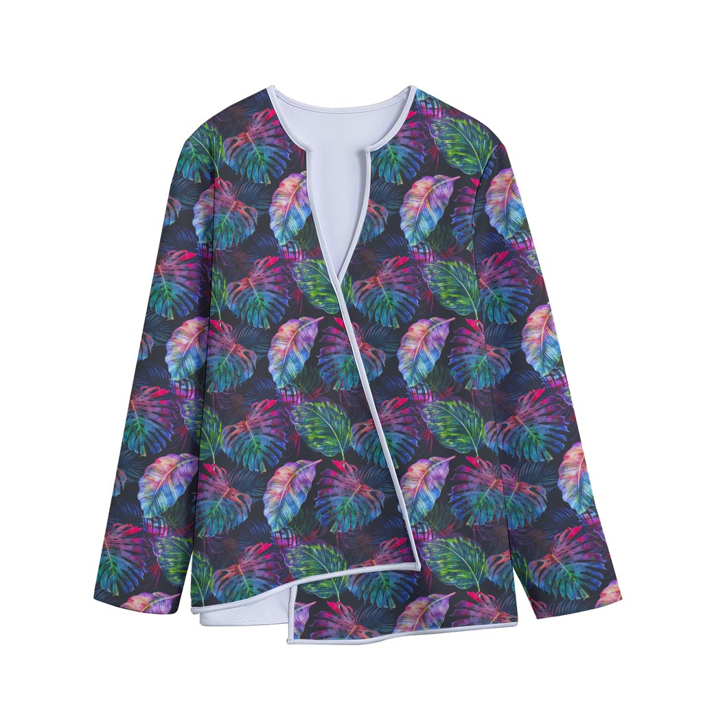 Colorful Tropical Leaves Pattern Print Long Sleeve Short Coat