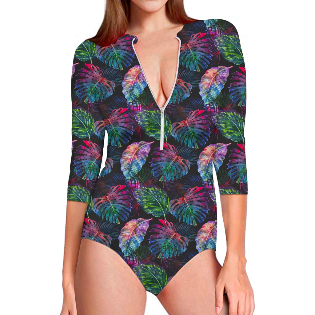 Colorful Tropical Leaves Pattern Print Long Sleeve Swimsuit