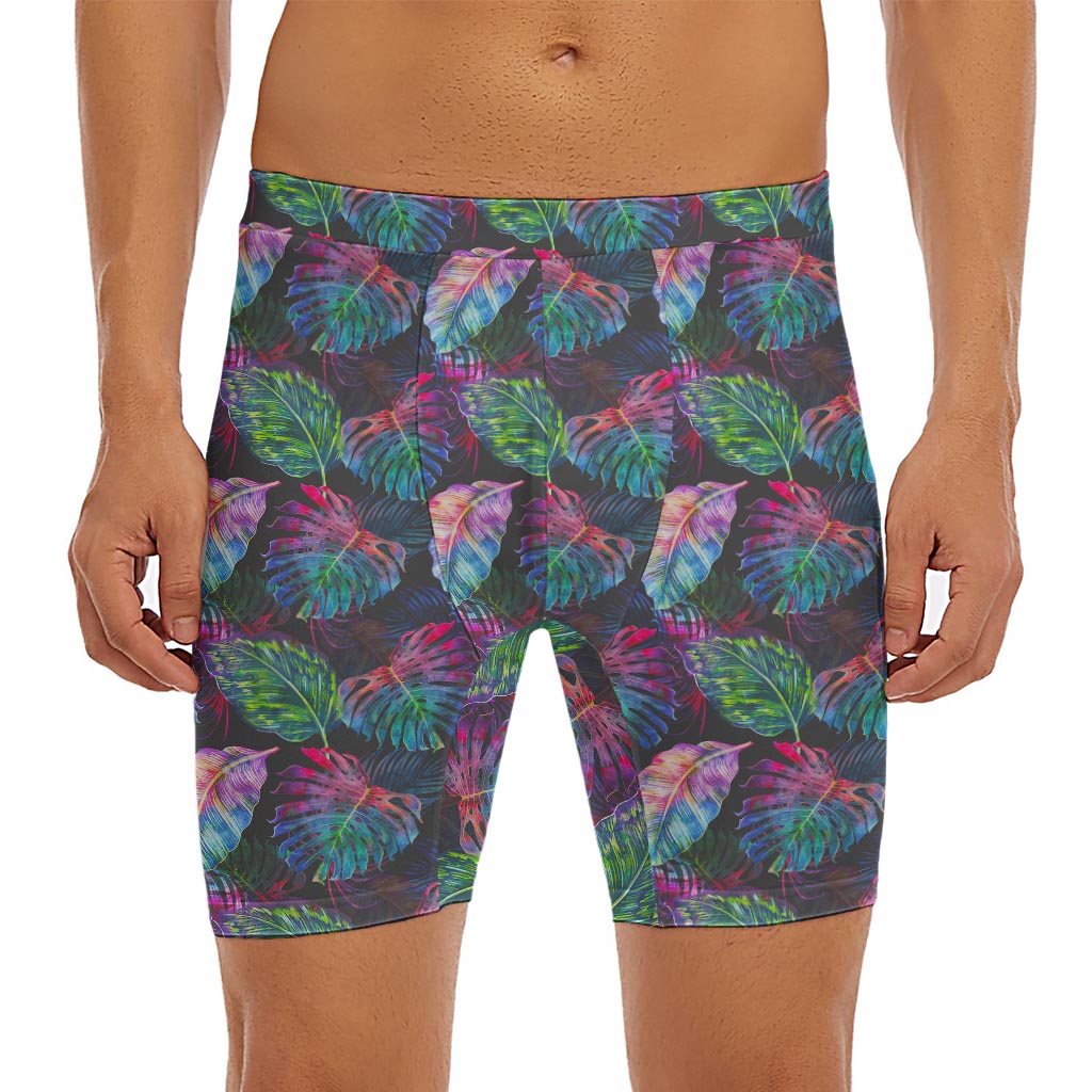 Colorful Tropical Leaves Pattern Print Men's Long Boxer Briefs
