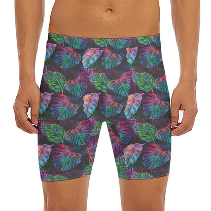 Colorful Tropical Leaves Pattern Print Men's Long Boxer Briefs