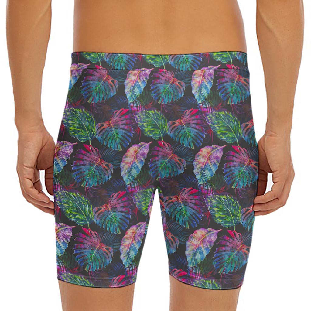 Colorful Tropical Leaves Pattern Print Men's Long Boxer Briefs
