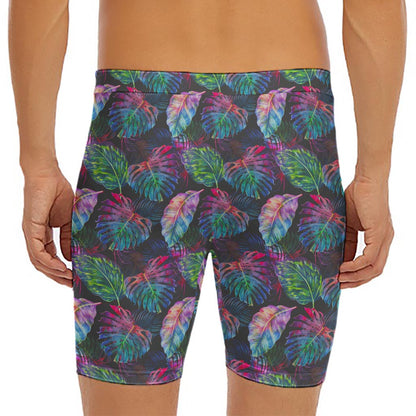 Colorful Tropical Leaves Pattern Print Men's Long Boxer Briefs