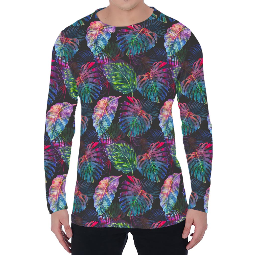 Colorful Tropical Leaves Pattern Print Men's Long Sleeve T-Shirt