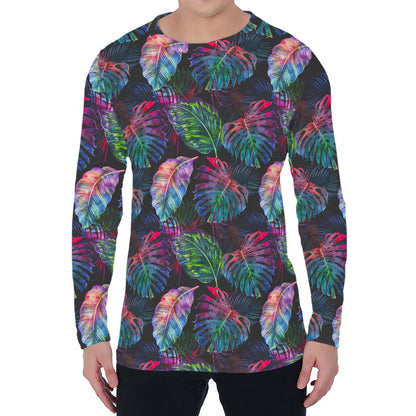 Colorful Tropical Leaves Pattern Print Men's Long Sleeve T-Shirt